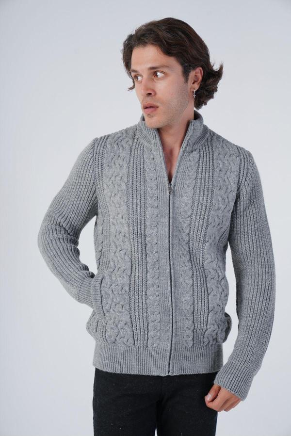 Trist Star Gri Erkek Saç Yürütme Arka Kol Selanik Dik Yaka Cepli Triko Yün Hırka Trıst-5298 - Image 1