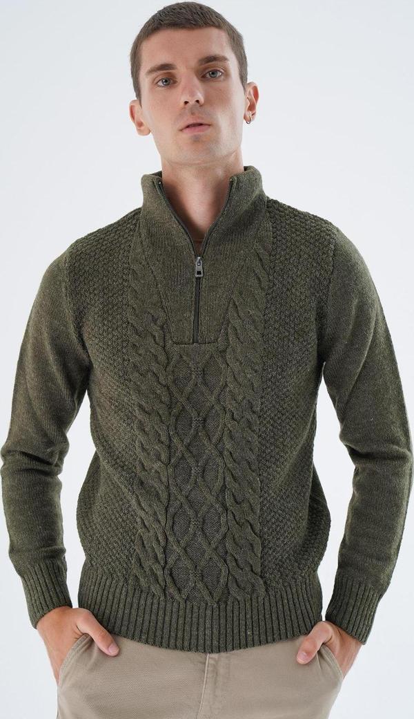 Trist Star Erkek Haki Dik Yaka Fermuarlı Yarım Balıkçı Yün Triko Örme Kazak Trıst-5325 - Image 1
