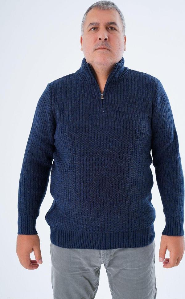 Trist Star Büyük Beden Erkek Lacivert Zikzak Yürütmeli Dik Yaka Kısa Fermuarlı Triko Yün Kazak Trıst-2117 - Image 1