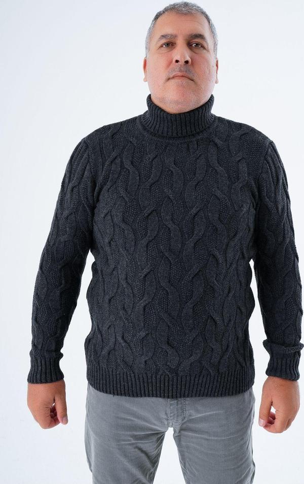 Trist Star Büyük Beden Erkek Antrasit Balıkçı Yaka Pirinç Saç Örgülü Yün Triko Örme Kazak Trıst-2118 - Image 1