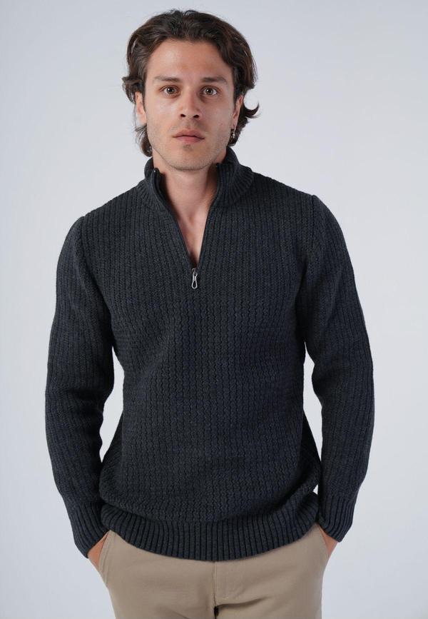 Trist Star Antrasit Erkek Zikzak Yürütmeli Dik Yaka Kısa Fermuarlı Triko Yün Kazak - Image 1