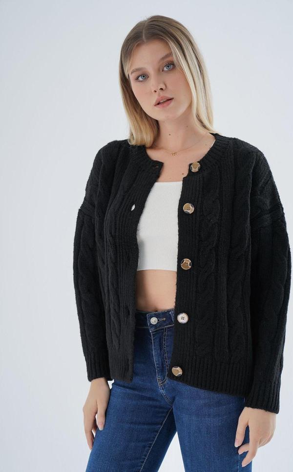 Trist Star Kadın Siyah Oversize Bisiklet Yaka Düğmeli Saç Örgülü Yün Karışımlı Triko Örme Hırka Trıst-6166 - Image 1