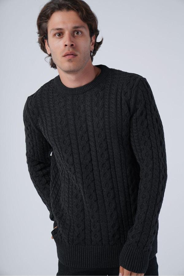 Trist Star Antrasit Erkek Saç Örgülü Pamuk Bisiklet Yaka %100 Pamuk Kazak - Image 1