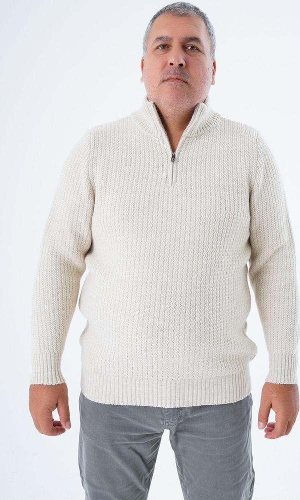 Trist Star Büyük Beden Erkek Bej Zikzak Yürütmeli Dik Yaka Kısa Fermuarlı Triko Yün Kazak Trıst-2117 - Image 1