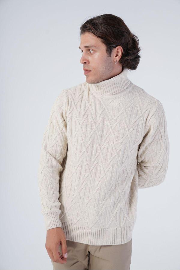Trist Star Bej Erkek Yürütme Saç Örgülü Çarpı Desenli Balıkçı Yaka Triko Yün Kazak - Image 1