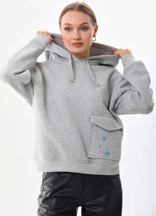 Kallima Gri Kışlık Kalın Kar Tanesi Baskılı Cepli Kapüşonlu Oversize/Geniş Kesim Sweatshirt - Image 1