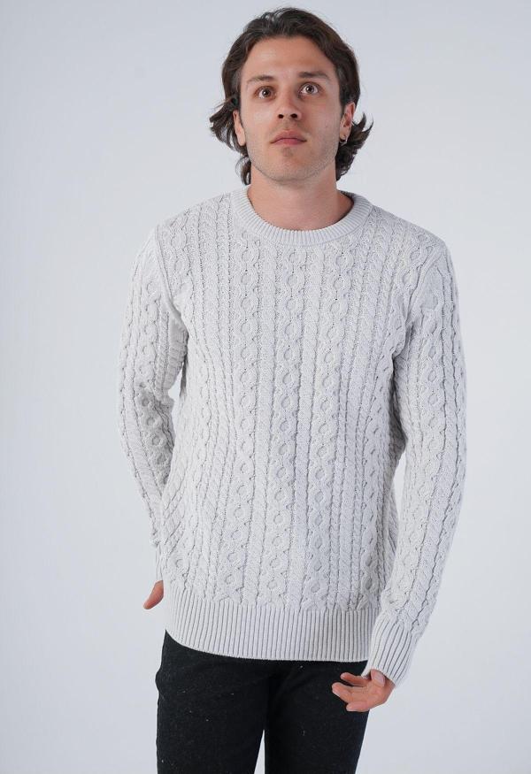 Trist Star Açık Gri Erkek Saç Örgülü Pamuk Bisiklet Yaka %100 Pamuk Kazak - Image 1