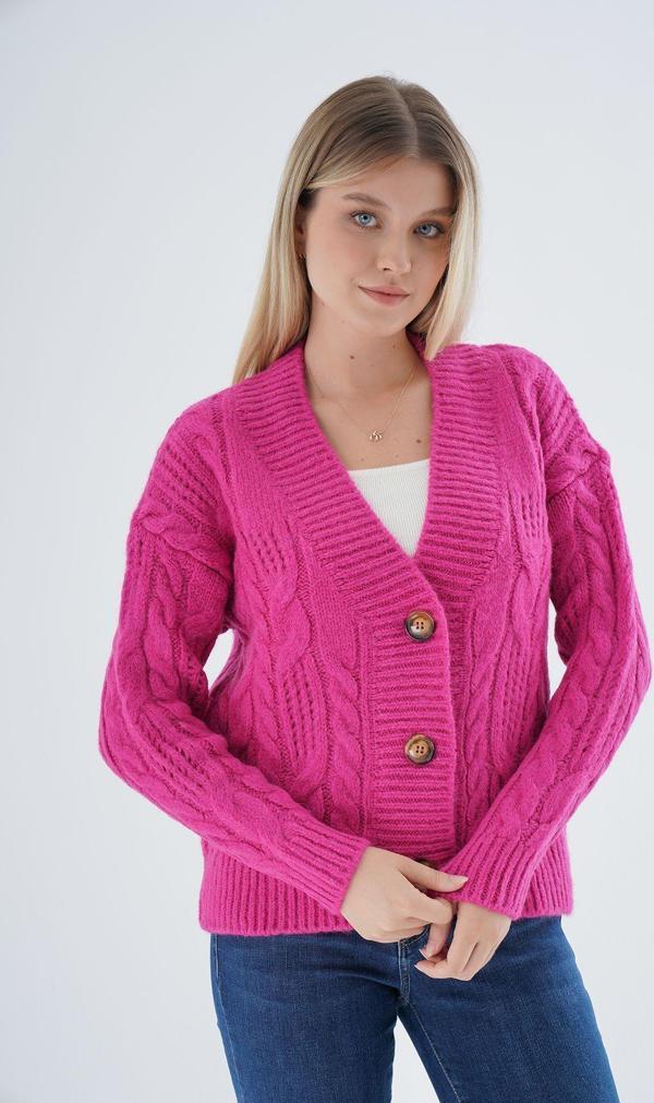 Trist Star Kadın Fuşya Oversize V Yaka Saç Örgülü Ajurlu Düğmeli Yün Karışımlı Triko Örme Uzun Hırka - Image 1