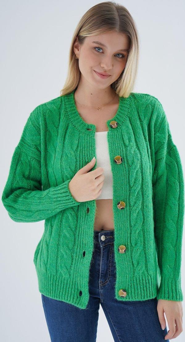 Trist Star Kadın Yeşil Oversize Bisiklet Yaka Düğmeli Saç Örgülü Yün Karışımlı Triko Örme Hırka - Image 1