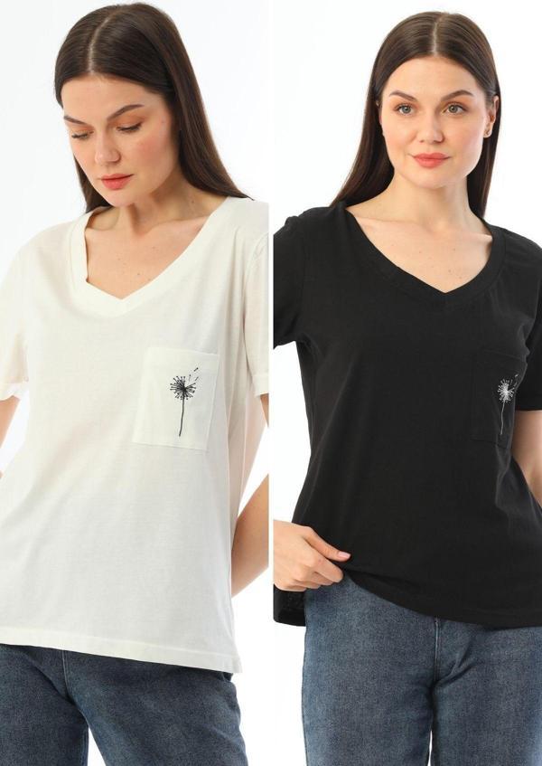 Kallima 2'Li Paket Ekru-Siyah V Yaka Rahat Kalıp Nakışlı %100 Pamuk T-Shirt - Image 1
