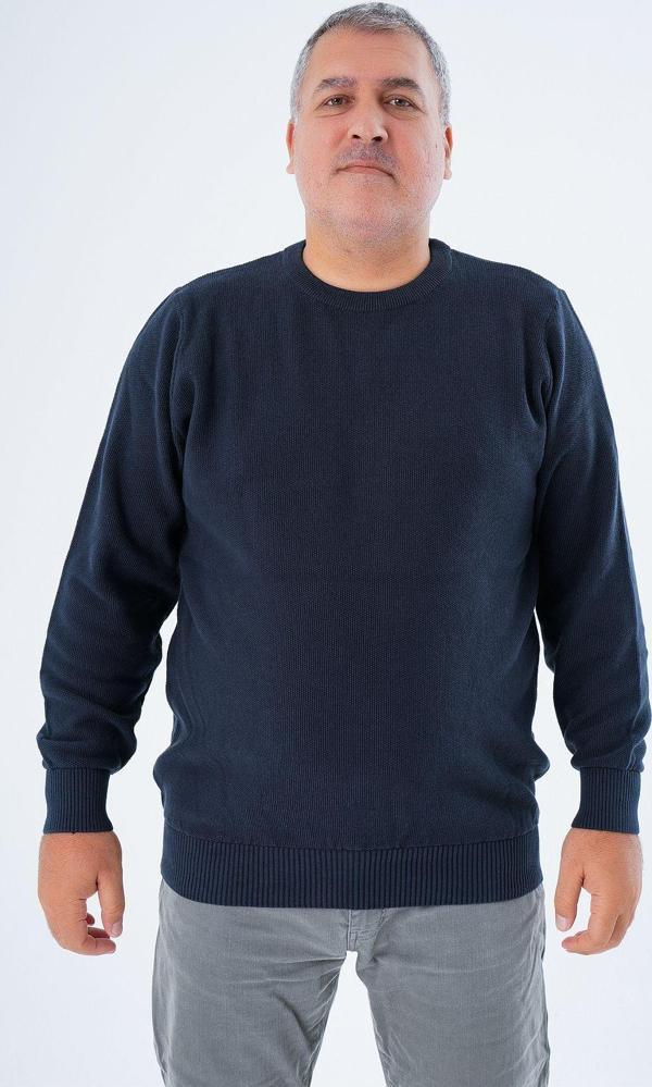 Trist Star Büyük Beden Erkek Lacivert Bisiklet Yaka Pirinç Örgü %100 Pamuk Triko Kazak Trıst-2112 - Image 1