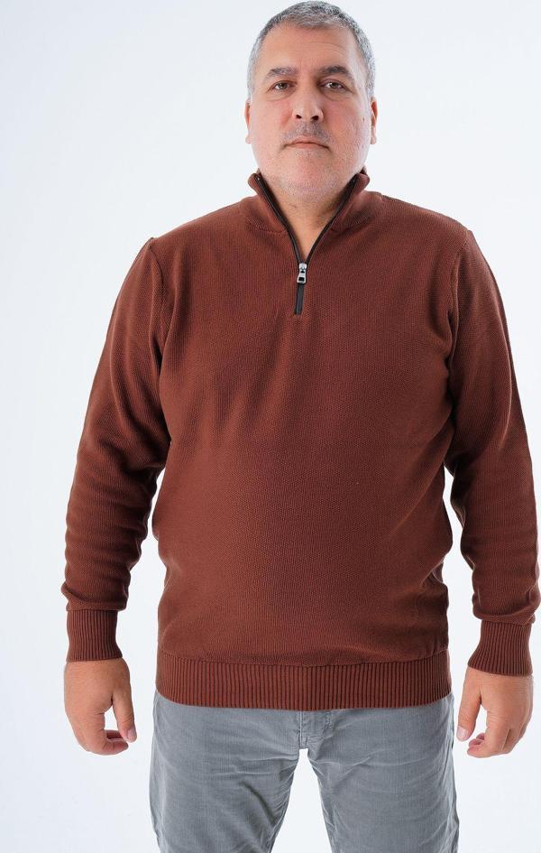 Trist Star Büyük Beden Erkek Taba Fermuarlı Dik Yaka Pirinç Örgü %100 Pamuk Triko Kazak Trıst-2113 - Image 1