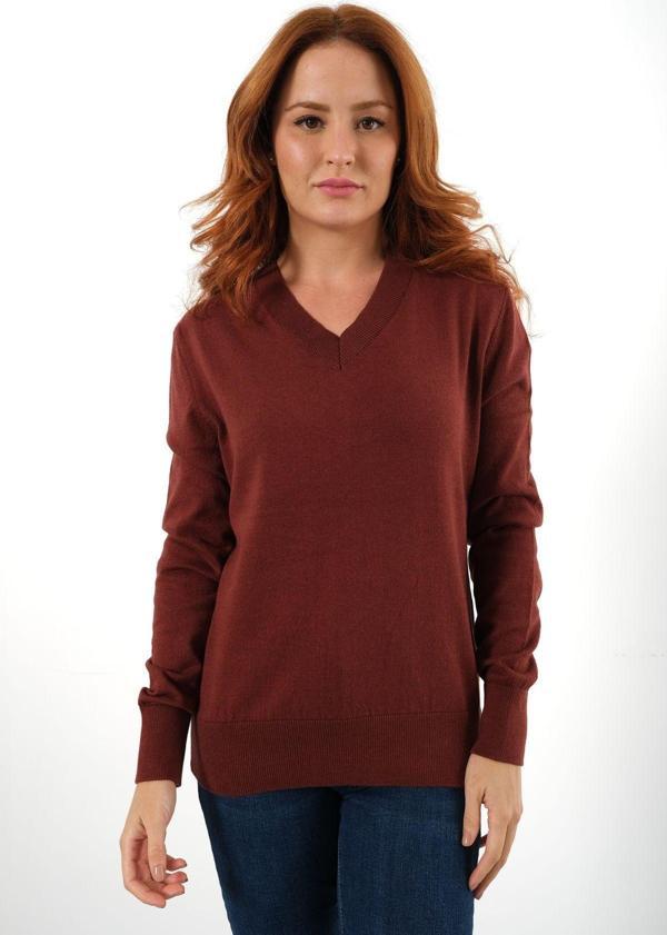 Trist Star Kadın Taba %100 Organik Pamuk V Yaka Triko Kazak Bluz Trıst-6102 - Image 1