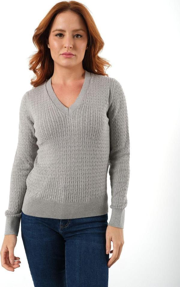 Trist Star Kadın Gri %100 Organik Pamuk V Yaka Saç Örgülü Triko Kazak Örme Bluz Trıst-6155 - Image 1