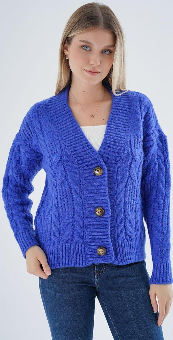 Trist Star Kadın Saks Oversize V Yaka Saç Örgülü Ajurlu Düğmeli Yün Karışımlı Triko Örme Uzun Hırka - Image 1