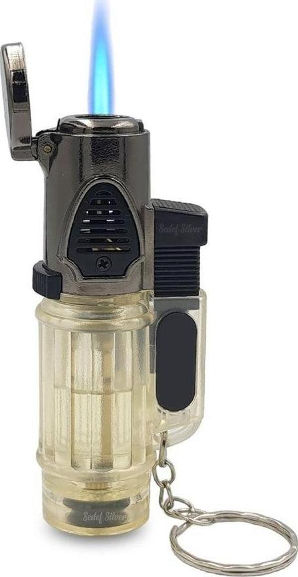 Sedef Silver Anahtarlık Halkalı Mavi Alevli Küçük Jet Gazlı Torch Pürmüz Cep Çakmak - Image 1