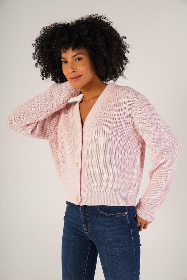 Trist Star Pembe Kadın Selanik Örgü V Yaka %100 Pamuk Hırka - Image 1