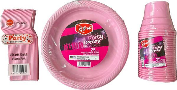 Piknik Davet Doğum Günü Omeyva Sofra Seti - 25 Kişilik Pembe Tabak Bardak Çatal Takımı - Image 1