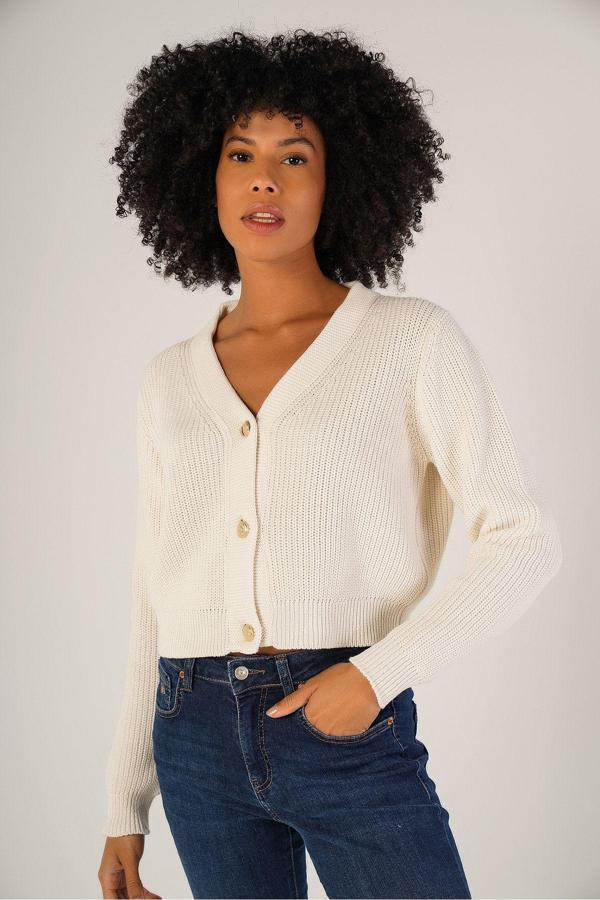 Trist Star Kemik Kadın Selanik Örgü V Yaka %100 Pamuk Hırka - Image 1