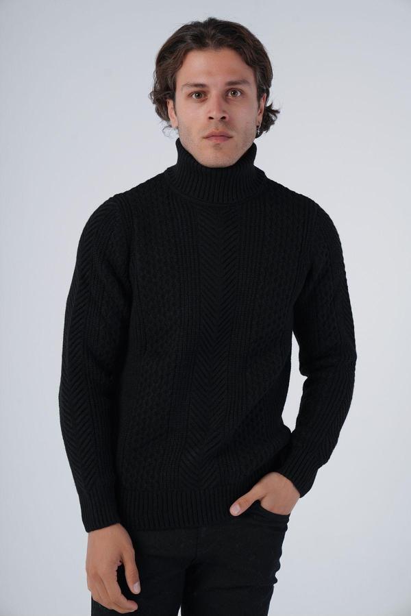 Trist Star Siyah Erkek Yürütme Saç Örgülü Balıkçı Yaka Triko Yün Kazak - Image 1