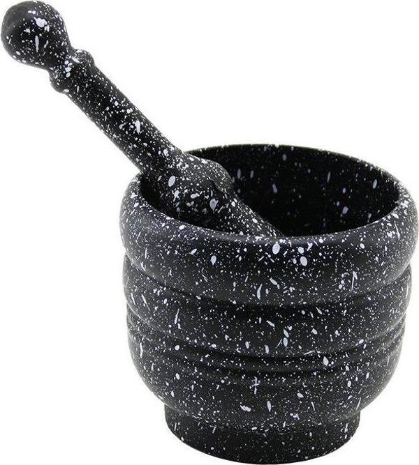 PLASTİK  HAVAN  SARIMSAK DÖVECEK  FİLELİ AMBALAJ SİYAH ZEMİN - SERPME BEYAZ BOYA DESENLİ (5060) - Image 1