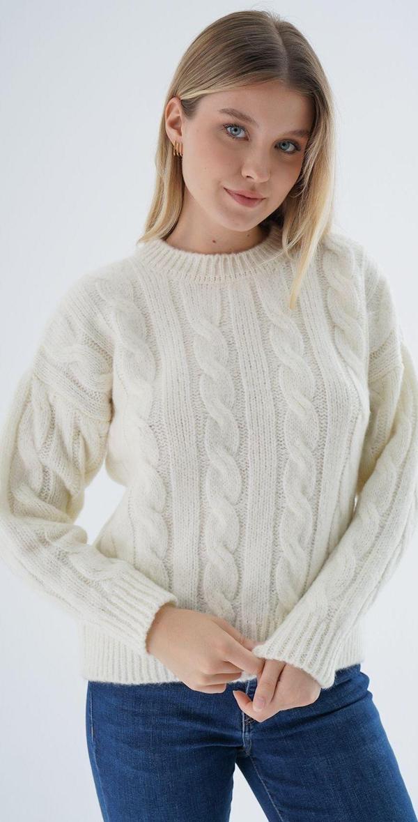 Trist Star Kadın Kemik Oversize Bisiklet Yaka Saç Örgülü Yünlü Özel İplik Triko Örme Kazak Trıst-6167 - Image 1