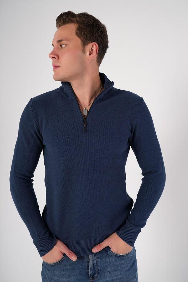 Trist Star Indigo Erkek Pamuklu Fermuarlı Dik Yaka Triko Kazak Trıst-1191 - Image 1