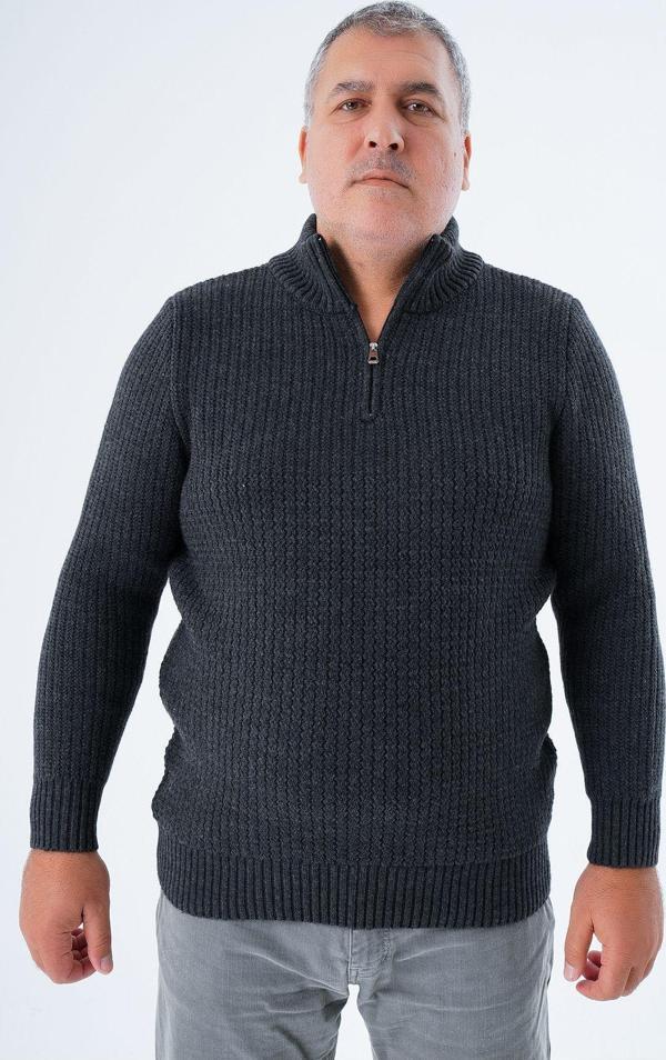 Trist Star Büyük Beden Erkek Antrasit Zikzak Yürütmeli Dik Yaka Kısa Fermuarlı Triko Yün Kazak Trıst-2117 - Image 1