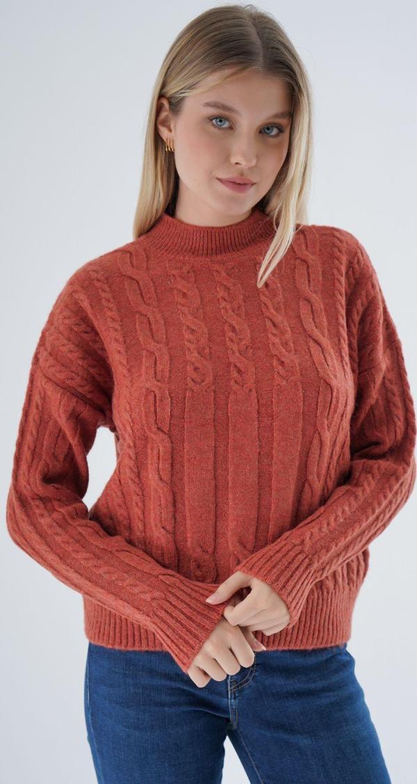 Trist Star Kadın Kiremit Oversize Yarım Balıkçı Saç Örgülü Yünlü Özel İplik Triko Örme Kazak Trıst-6158 - Image 1