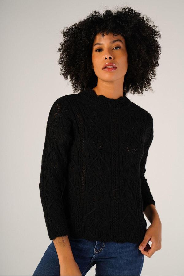 Trist Star Siyah Kadın Saç Örgülü Bisiklet Yaka Yün Kazak - Image 1