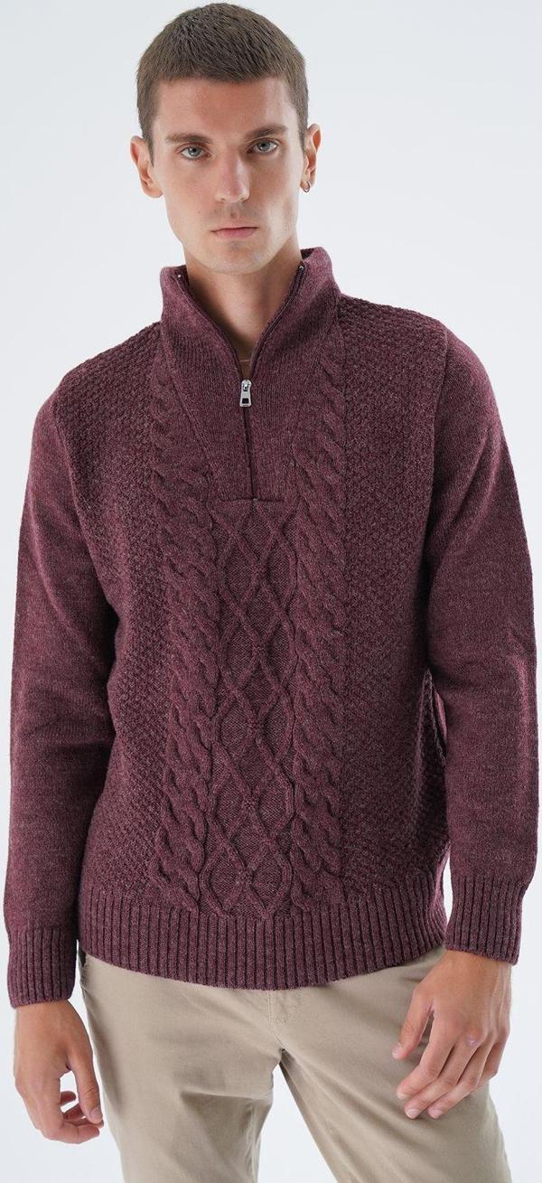 Trist Star Erkek Bordo Dik Yaka Fermuarlı Yarım Balıkçı Yün Triko Örme Kazak Trıst-5325 - Image 1