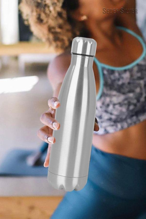 Sedef Silver Şişe Şeklinde Çift Katman El Yakmaz 500 Ml Şişe Tipi Çelik Termos - Image 1