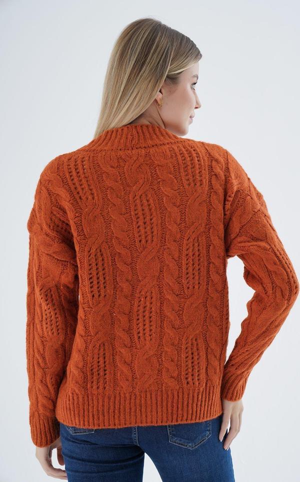 Trist Star Kadın Turuncu Oversize V Yaka Saç Örgülü Ajurlu Düğmeli Yün Karışımlı Triko Örme Uzun Hırka - Image 1