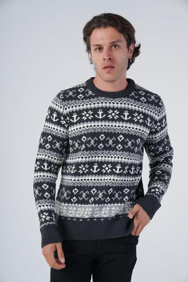 Trist Star Antrasit Erkek Jakarlı Çapa Desen Bisiklet Yaka Triko Yün Kazak - Image 1