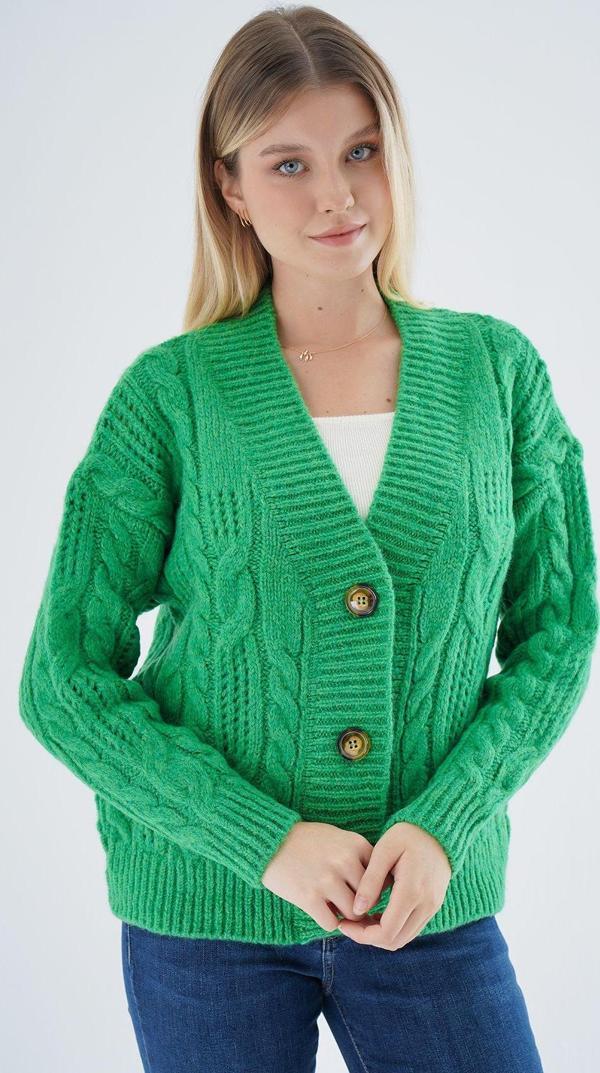 Trist Star Kadın Yeşil Oversize V Yaka Saç Örgülü Ajurlu Düğmeli Yün Karışımlı Triko Örme Uzun Hırka - Image 1