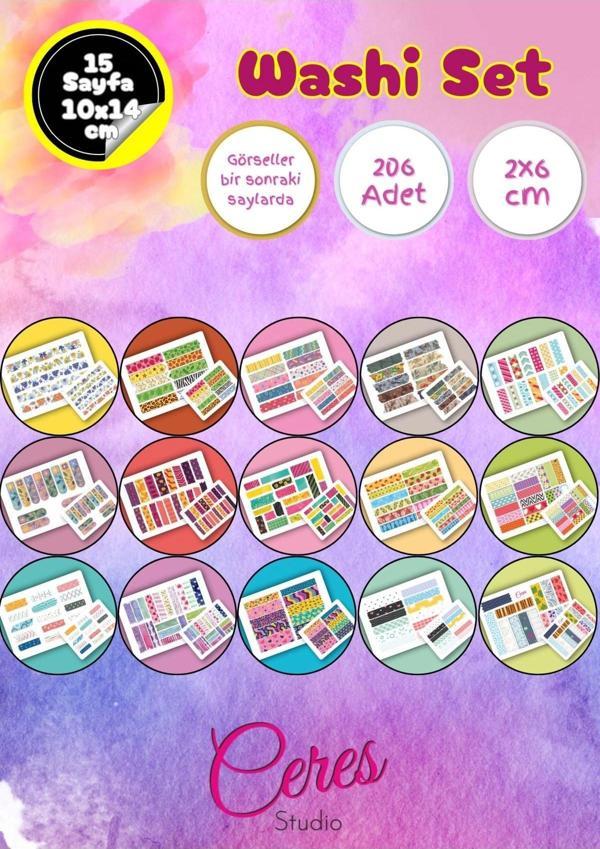 15 Sayfa 206 Adet Washi Tape Etiket Sticker Set (9x13cm 15 Sayfa Toplam 206 Bant) - Image 1