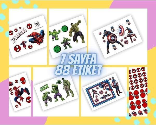 7 Sayfa 88 Adet Süper Kahraman Etiket Sticker Set Spiderman - Hulk - Captain America - Image 1