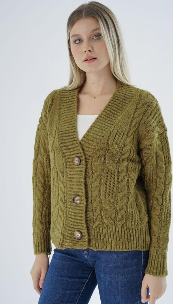 Trist Star Kadın Olive Oversize V Yaka Saç Örgülü Ajurlu Düğmeli Yün Karışımlı Triko Örme Uzun Hırka - Image 1