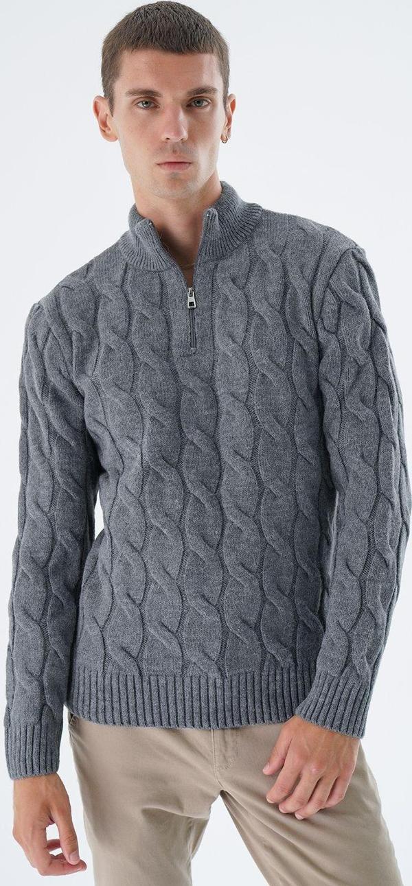 Trist Star Erkek Koyu Gri Yarım Balıkçı Fermuarlı Saç Örgülü Yün Triko Örme Kazak Trıst-5339 - Image 1