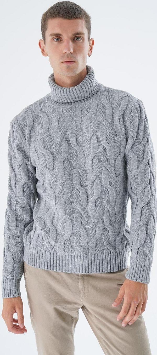 Trist Star Erkek Gri Balıkçı Yaka Pirinç Saç Örgülü Yün Triko Örme Kazak Trıst-5337 - Image 1