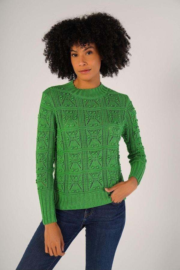 Trist Star Yeşil Kadın Pon Pon Desenli Ajurlu Bisiklet Yaka %100 Pamuk Kazak - Image 1