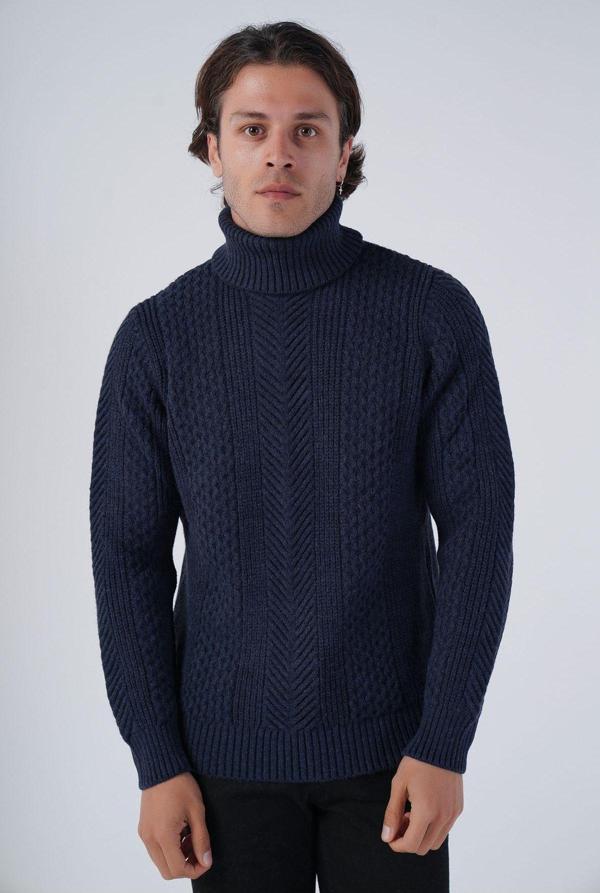 Trist Star Lacivert Erkek Yürütme Saç Örgülü Balıkçı Yaka Triko Yün Kazak - Image 1