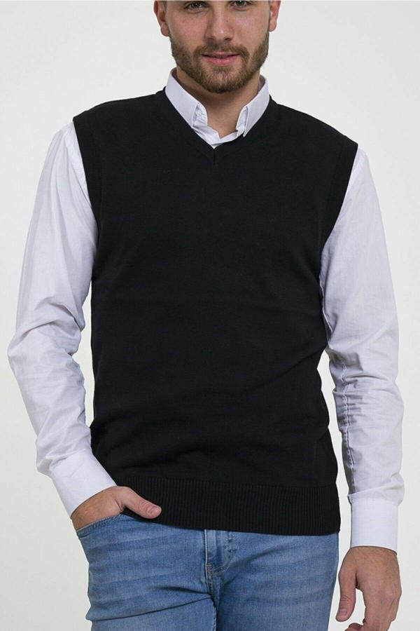 Trist Star Siyah Erkek V Yaka %100 Pamuklu Triko Süveter Trıst-1103 - Image 1
