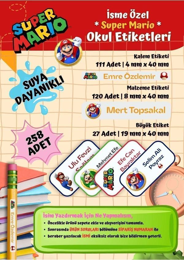 Super Mario Okul Etiketi Defter Etiketi Kalem Etiketi Kişiye Özel Suya Dayanıklı İsim Yazılabilien - Image 1