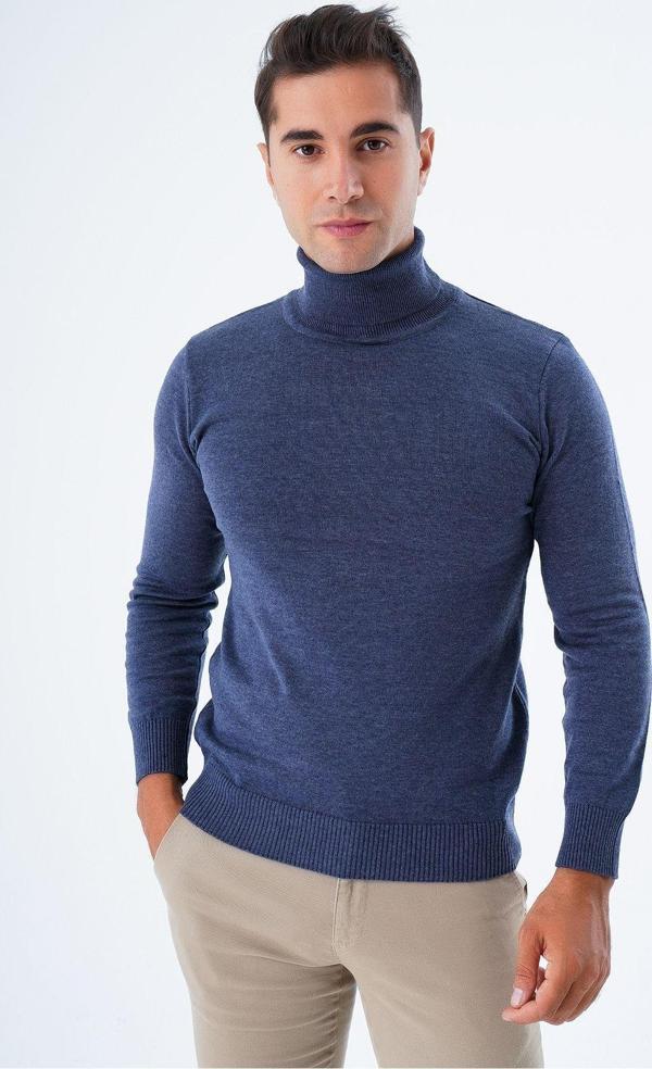 Trist Star Erkek Melanj İndigo %100 Pamuk Balıkçı Yaka Triko Kazak Trist-1105 - Image 1