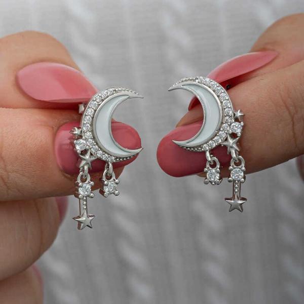 Gümüş Sallantılı Ay Yıldız Kadın Küpe SL6597 - Image 1