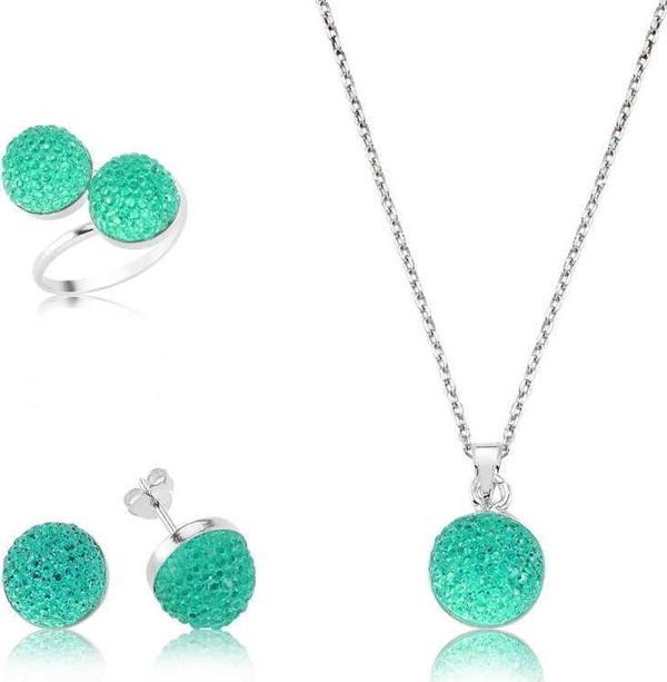Gümüş Yeşil Kristal Taşlı Bayan Set SL2258 - Image 1