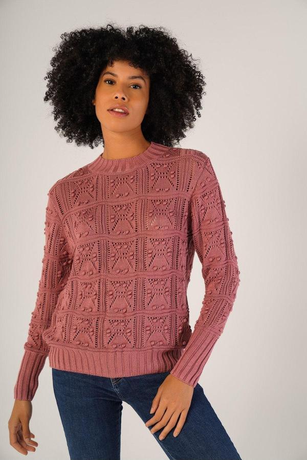 Trist Star Gül Kurusu Kadın Pon Pon Desenli Ajurlu Bisiklet Yaka %100 Pamuk Kazak - Image 1