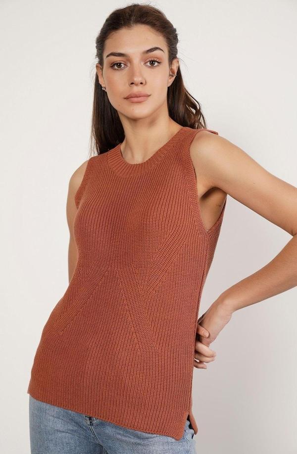 Trist Star Kiremit %100 Organik Pamuk Selanik Örgü Yırtmaçlı Bisiklet Yaka Triko Süveter Bluz - Image 1