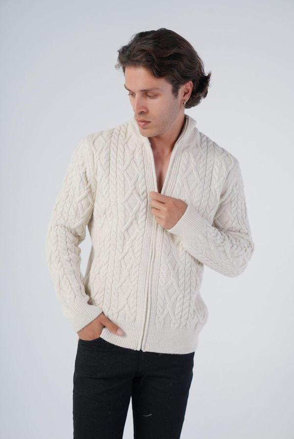 Trist Star Bej Erkek Arka Fitilli Dik Yaka Fermuarlı Triko Yün Hırka Trıst-5299 - Image 1